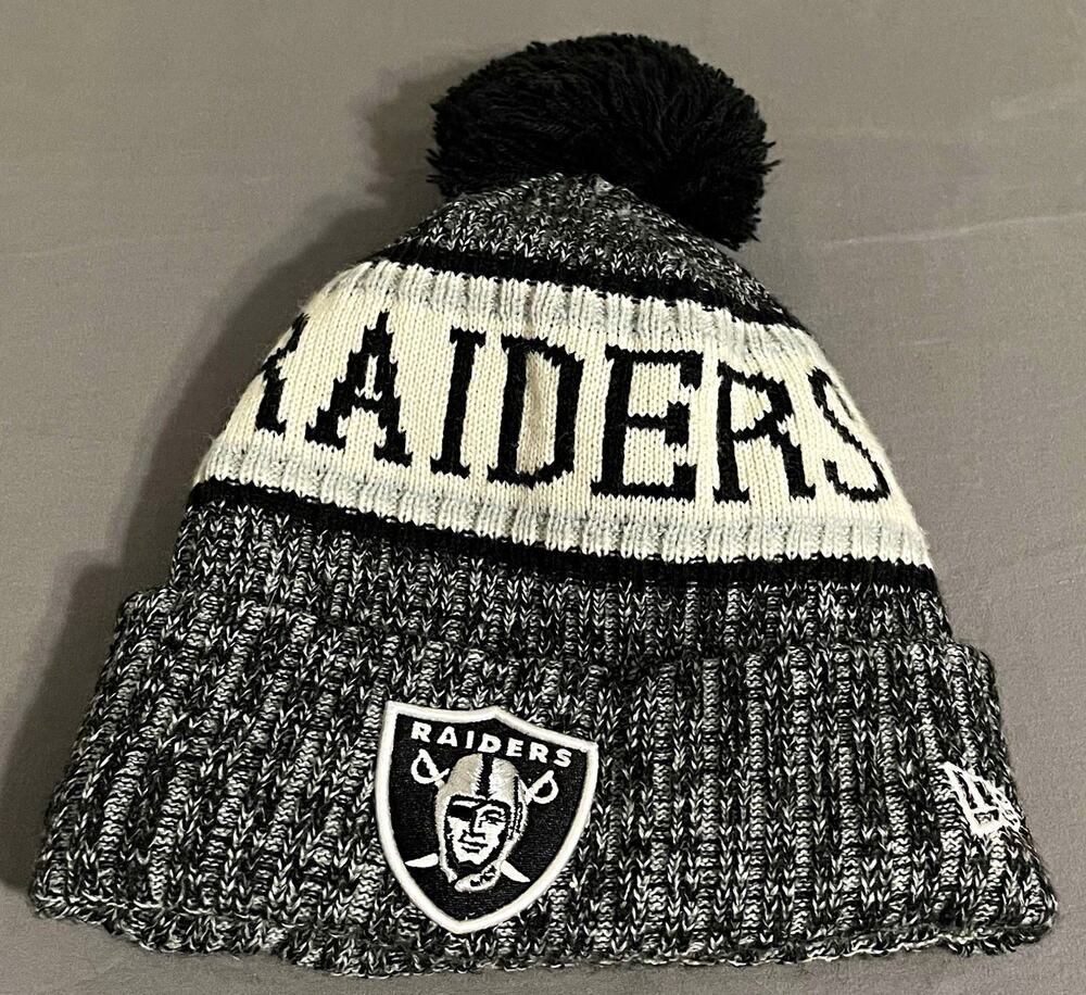 New Era Raiders Pom Beanie Hat One Size Fleece Lined Wool Blend Knit Black NFL